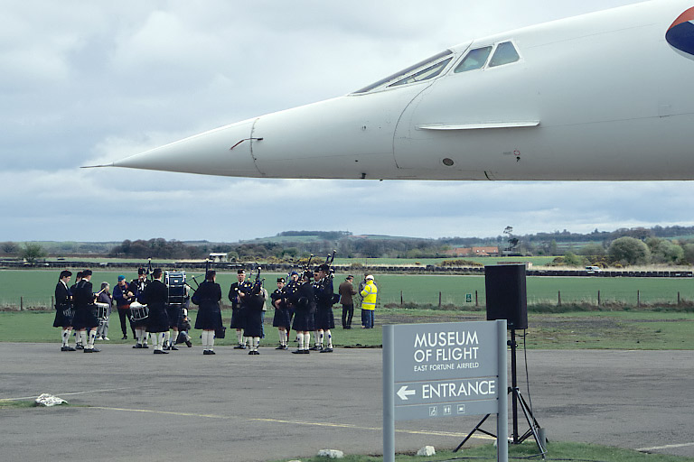 The Haddington Pipe Band welcomes Concorde to the Museum of Flight. The Haddington Pipe Band welcomes Concorde.