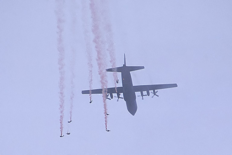 RAF Falcons Parachute Display Team, jumping from their C-130 Hercules